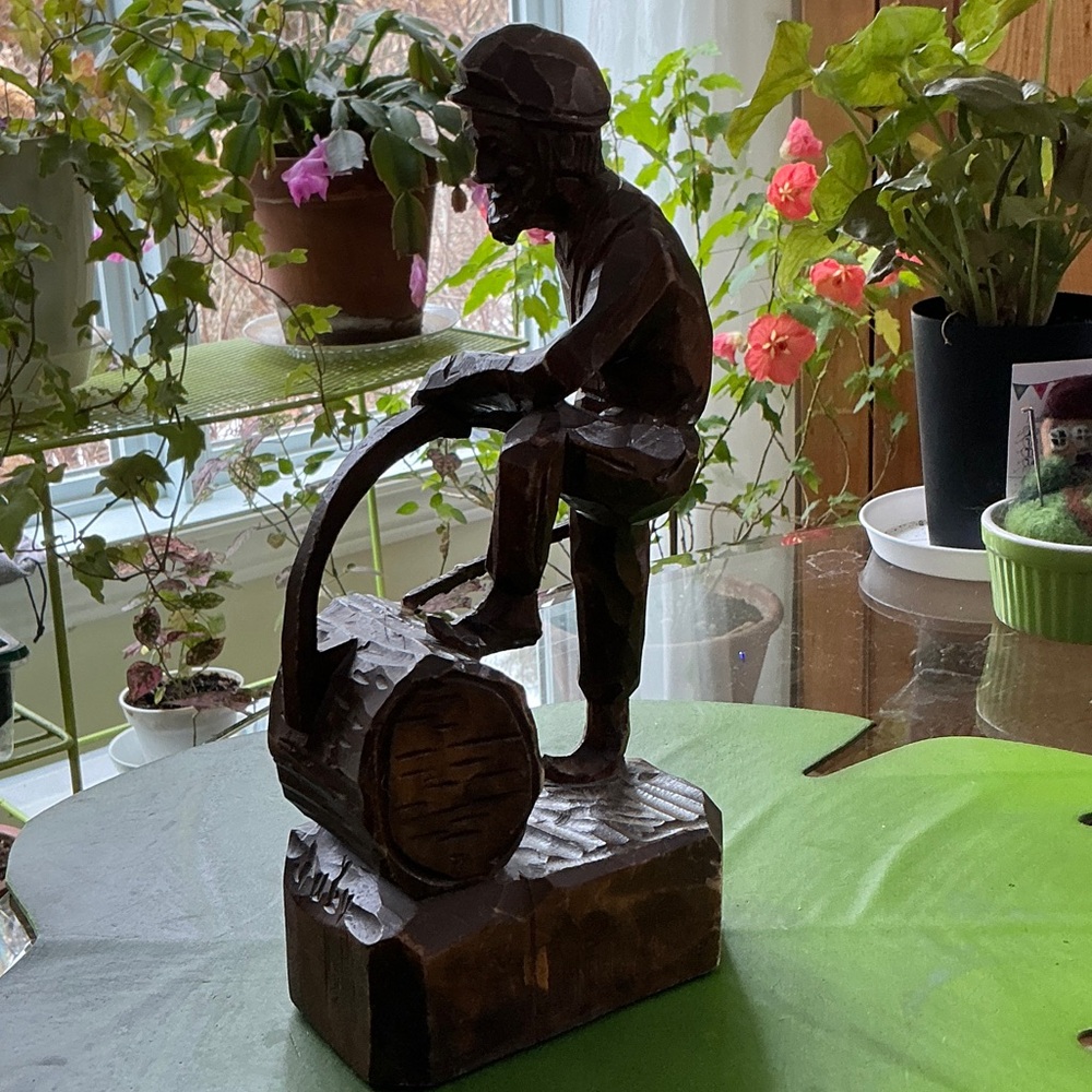 Mid-century signed Hand-Carved Dark Brown Wood Sculpture by Dub Juby 1975